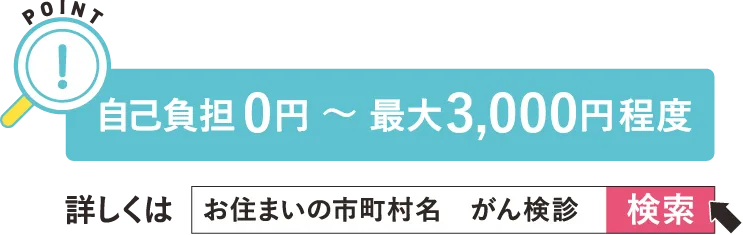 自己負担0円~最大3,000円程度 詳しくは「お住まいの市町村名 がん検診」で検索